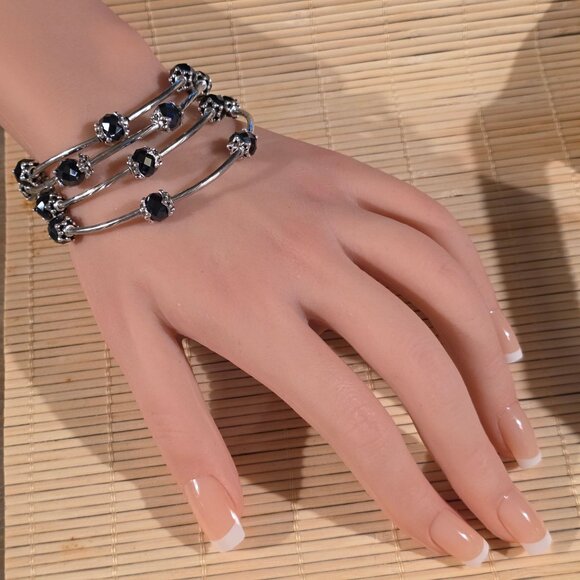 Silver Tone Crystal Wrap Bracelet With Black Faceted Beads & Filigree Details - Picture 7 of 7